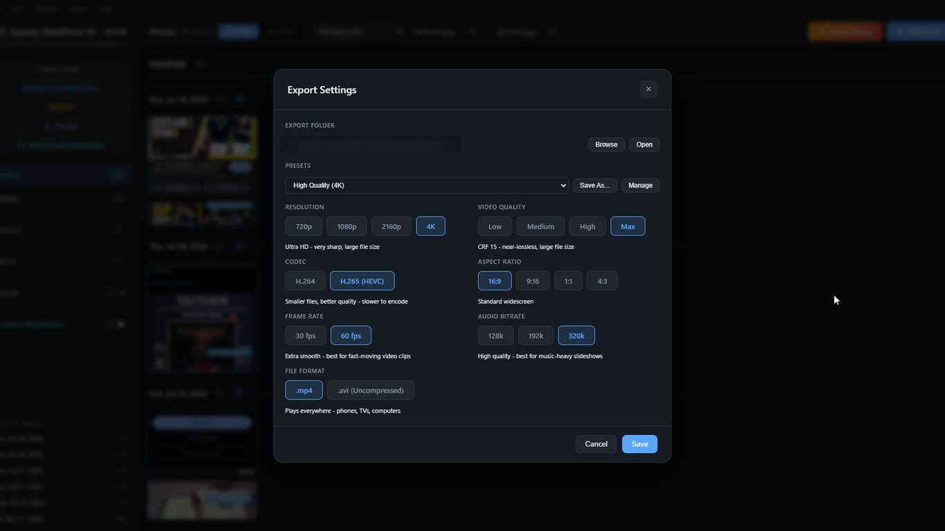 Export Settings in Speedy SlideShow 25