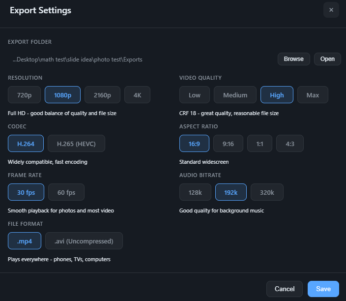 Export Settings in Speedy SlideShow 25